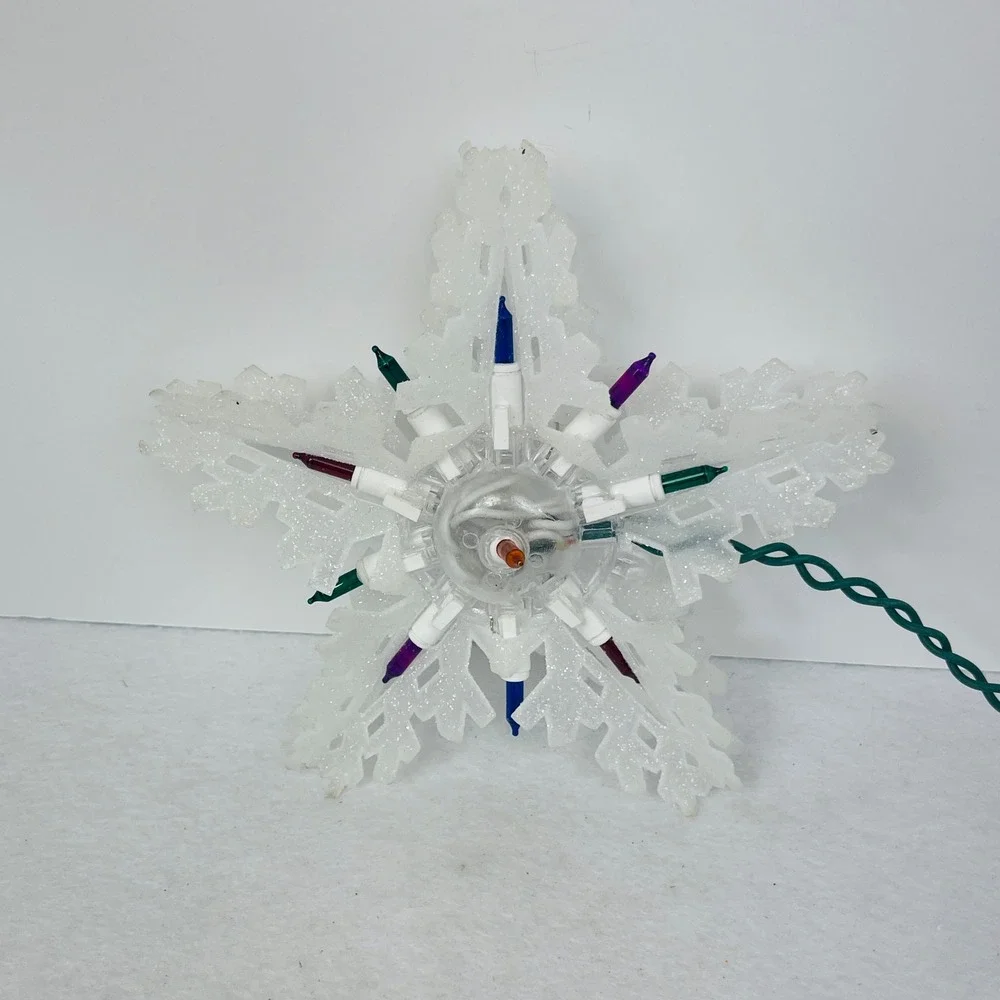 Glittery White Snowflake Christmas Tree Topper Multi-Color Lights 8.5 Inch Star